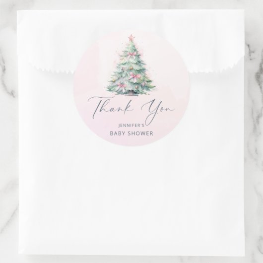Pink winter Christmas tree baby shower thank you  ラウンドシール (バッグ)