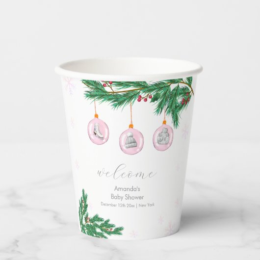 Pink Winter Clothes Ornaments Baby Shower Welcome  紙コップ (正面)