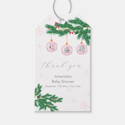 Pink Winter Clothesline Ornaments Baby Shower ギフトタグ (正面)