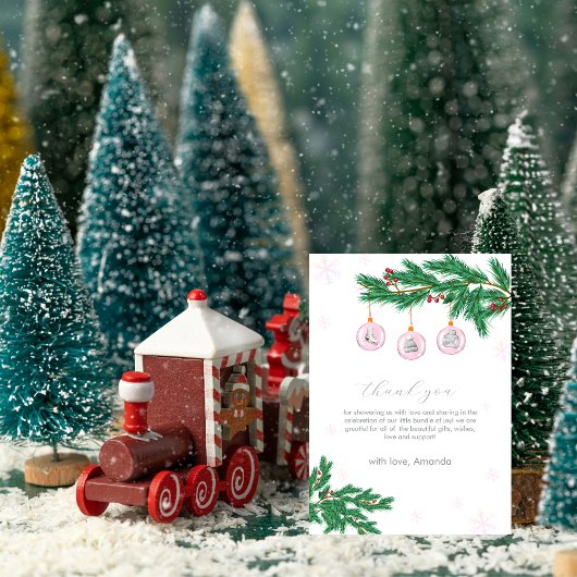 Pink Winter Clothesline Ornaments Baby Shower  サンキューカード