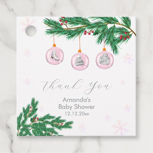 Pink Winter Clothesline Ornaments Baby Shower  フェイバータグ (正面)