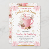 Pink Winter Cookies and Cocoa 1st Birthday 招待状 (正面/裏面)