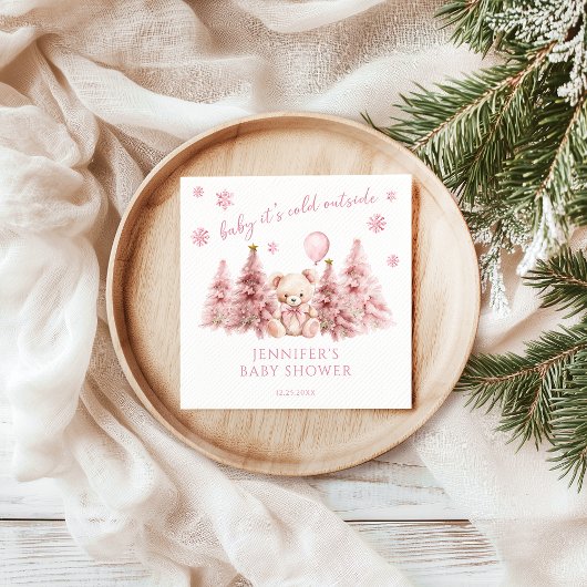 Pink Winter Festive Teddy Bear Baby Girl Shower スタンダードカクテルナプキン