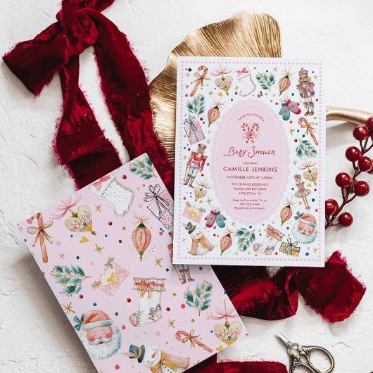 Pink Winter Girl Baby Shower Invitation 招待状