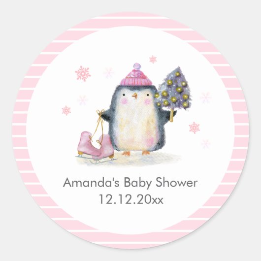 Pink Winter Ice Skate Penguin Baby Shower ラウンドシール (正面)