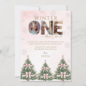 Pink Winter Onederland Girl 1st Birthday Photo サンキューカード (正面)