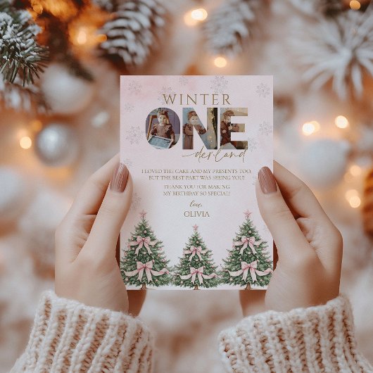 Pink Winter Onederland Girl 1st Birthday Photo サンキューカード