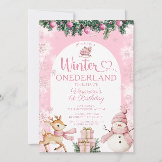 Pink Winter Onederland Girl Birthday Snowflakes 招待状 (正面)