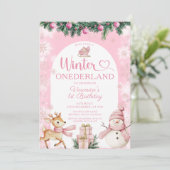 Pink Winter Onederland Girl Birthday Snowflakes 招待状 (スタンド正面)