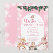 Pink Winter Onederland Girl Birthday Snowflakes 招待状 (正面/裏面)