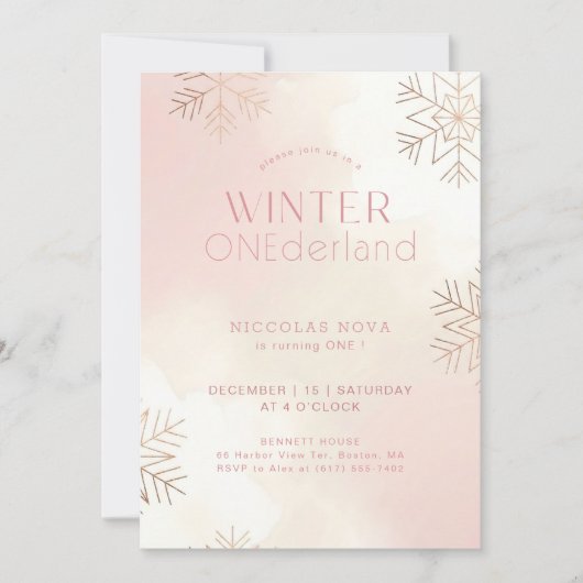 Pink Winter Onederland Snowflake 1st Birthday 招待状 (正面)