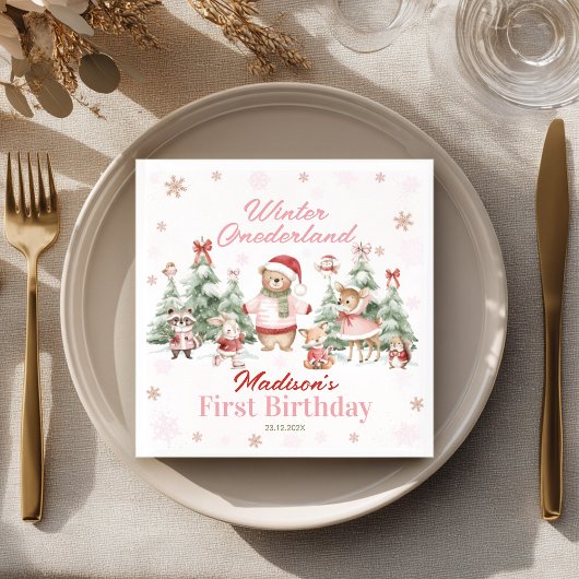 Pink Winter Onederland Woodland Animals Birthday スタンダードカクテルナプキン