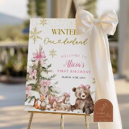 Pink winter onederland woodland welcome sign ポスター