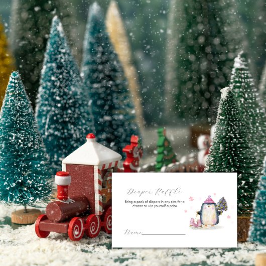 Pink Winter Penguin Diaper Raffle Baby Shower  エンクロージャーカード