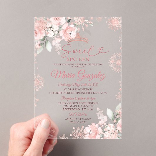Pink Winter Rose Gold Floral Sweet 16 Birthday アクリル招待状 (インサイチュ (ポータブル))