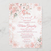 Pink Winter Rose Gold Floral Sweet 16 Birthday 招待状 (正面/裏面)