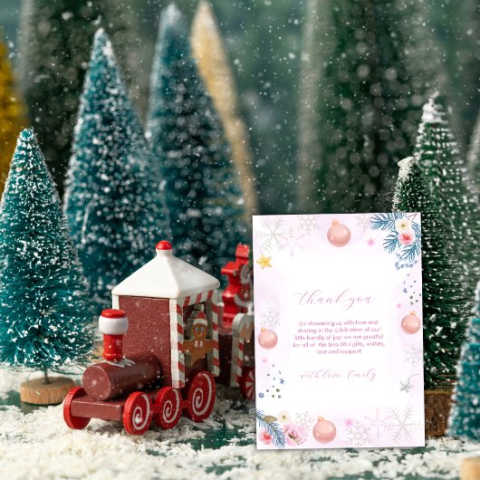 Pink Winter Snowflake Floral Baby Shower  サンキューカード