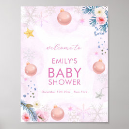 Pink Winter Snowflake Floral Baby Shower Welcome  ポスター