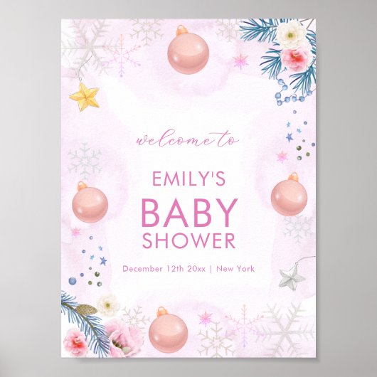 Pink Winter Snowflake Floral Baby Shower Welcome  ポスター (正面)