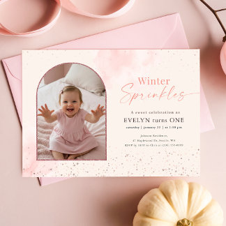 Pink Winter Sprinkles First Birthday Arch Photo 招待状