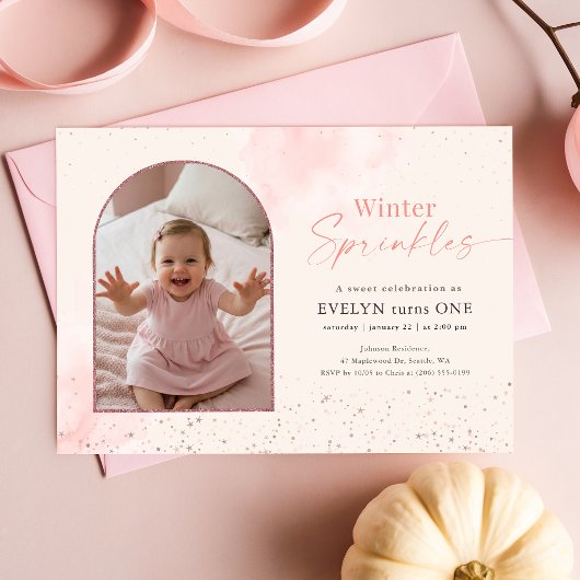 Pink Winter Sprinkles First Birthday Arch Photo 招待状