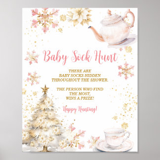 Pink Winter Tea Party Baby Shower Baby Sock Hunt ポスター