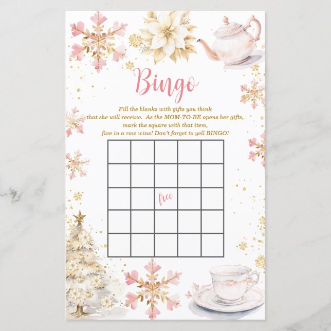 Pink Winter Tea Party Baby Shower Bingo Game (正面)