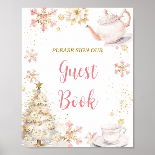 Pink Winter Tea Party Baby Shower Guest Book ポスター (正面)