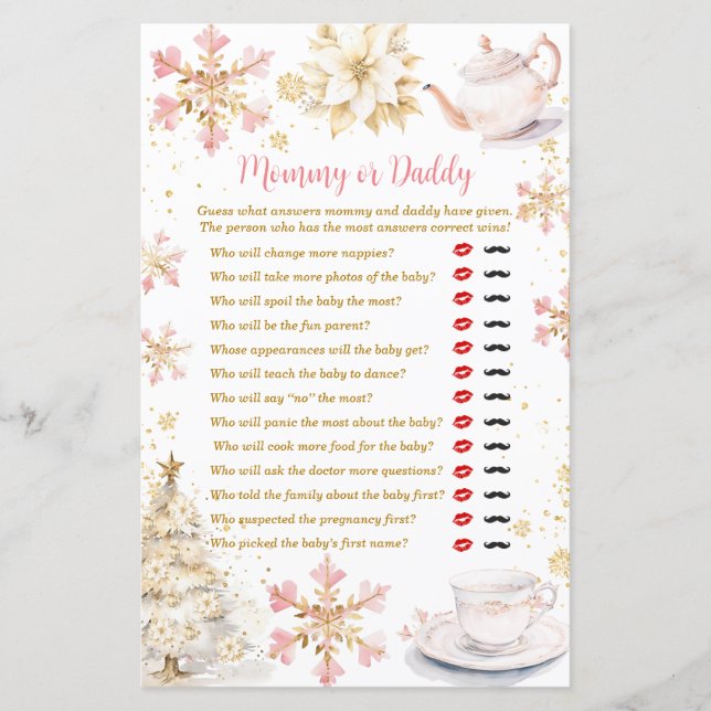 Pink Winter Tea Party Baby Shower Mommy or Daddy (正面)