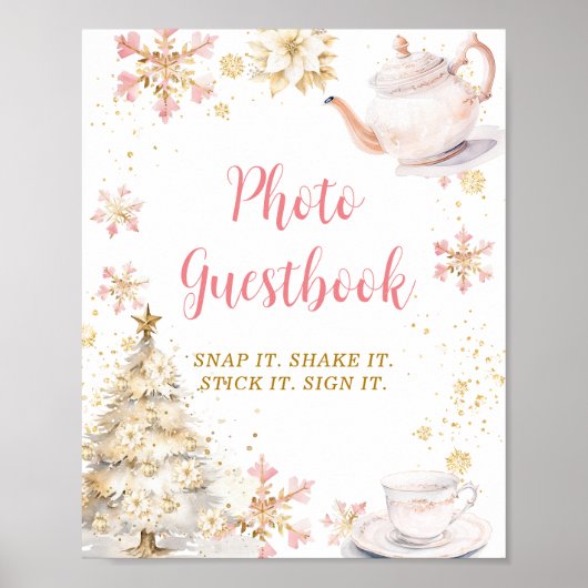 Pink Winter Tea Party Baby Shower Photo Guestbook ポスター (正面)