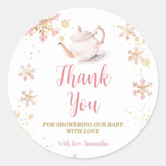 Pink Winter Tea Party Baby Shower Thank You ラウンドシール (正面)