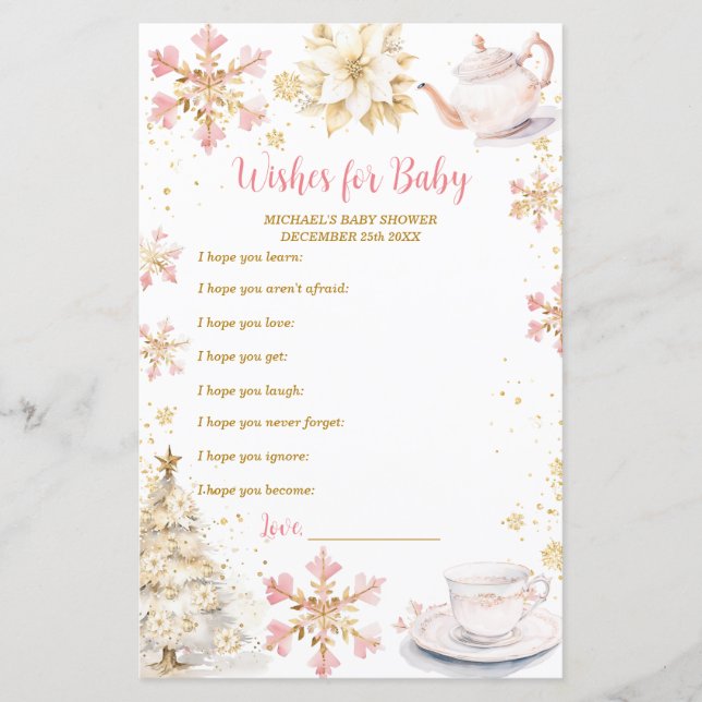 Pink Winter Tea Party Baby Shower Wishes for Baby (正面)