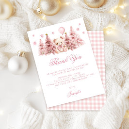 Pink Winter Teddy Bear Bow Baby Girl Shower サンキューカード