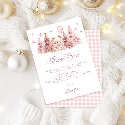 Pink Winter Teddy Bear Bow Baby Girl Shower サンキューカード