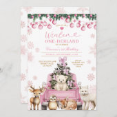 Pink Winter Truck Onederland 1st Birthday Animals 招待状 (正面/裏面)