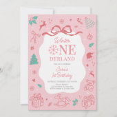 Pink Winter Wonderland First Birthday Party  招待状 (正面)