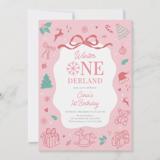 Pink Winter Wonderland First Birthday Party  招待状 (正面)