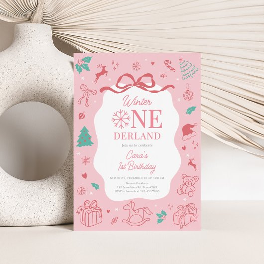 Pink Winter Wonderland First Birthday Party  招待状