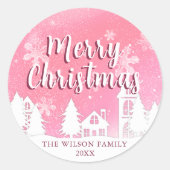 Pink Winter Wonderland Merry Christmas Classic R ラウンドシール (正面)