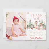 Pink Winter Woodland Animals Girl Birthday Photo サンキューカード (正面)