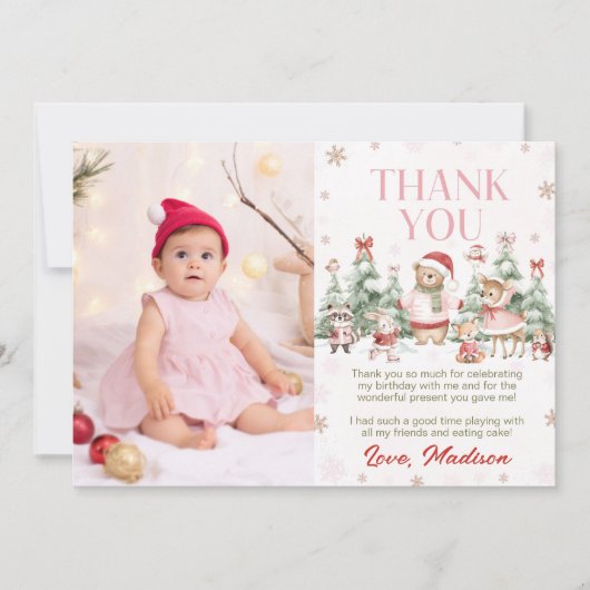 Pink Winter Woodland Animals Girl Birthday Photo サンキューカード (正面)