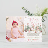 Pink Winter Woodland Animals Girl Birthday Photo サンキューカード (スタンド正面)