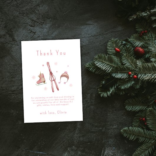 Pink Winter Woodland Après Bébé Ski Baby Shower  サンキューカード