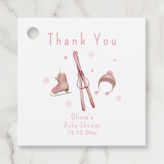 Pink Winter Woodland Après Bébé Ski Baby Shower フェイバータグ (正面)