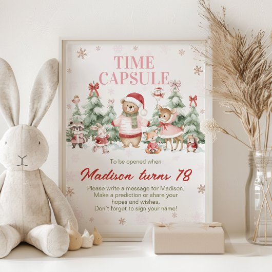 Pink Winter Woodland Birthday Time Capsule Sign ポスター