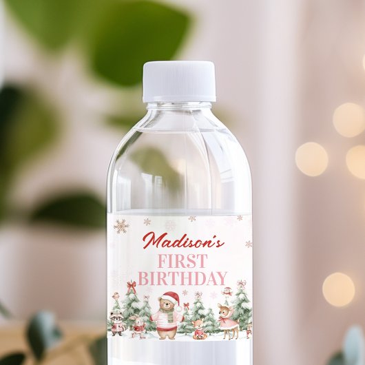 Pink Winter Woodland Birthday Water Bottle Label ペットボトルラベル