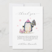 Pink Winter Woodland Penguin Baby Shower  サンキューカード (正面)