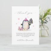 Pink Winter Woodland Penguin Baby Shower  サンキューカード (スタンド正面)