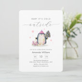 Pink Winter Woodland Penguin Baby Shower 招待状 (スタンド正面)