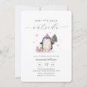 Pink Winter Woodland Penguin Baby Shower 招待状 (正面)